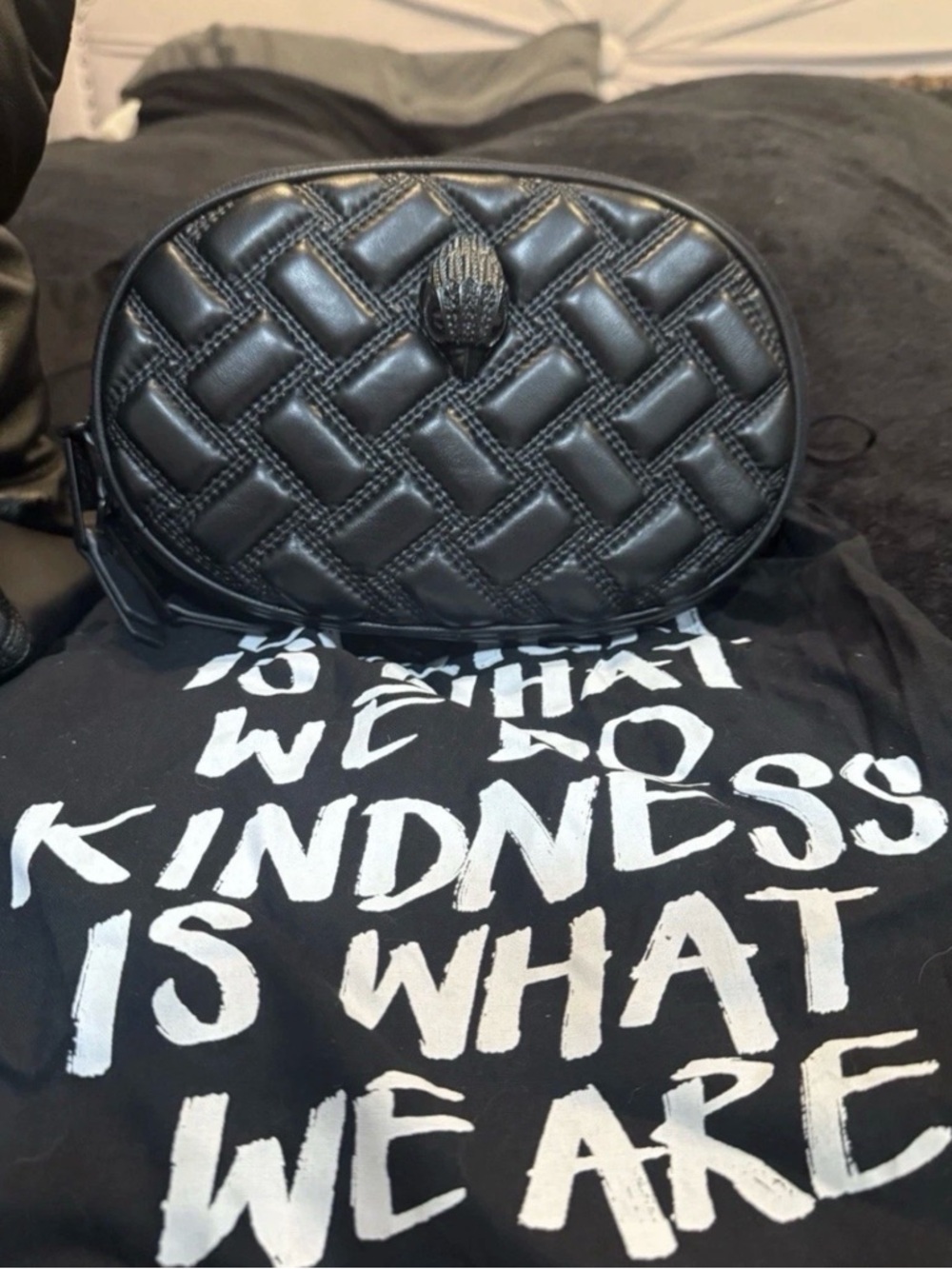 Kurt Geiger Black Quilted Oval Crossbody with Knot Accent